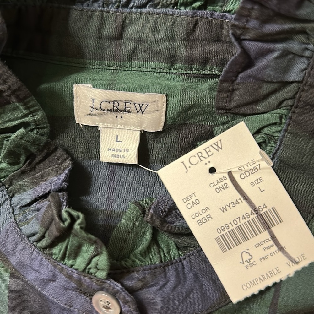 J.Crew Factory Black Watch Ruffleneck Green and Blue Plaid Button Up Shirt - Picture 6 of 6